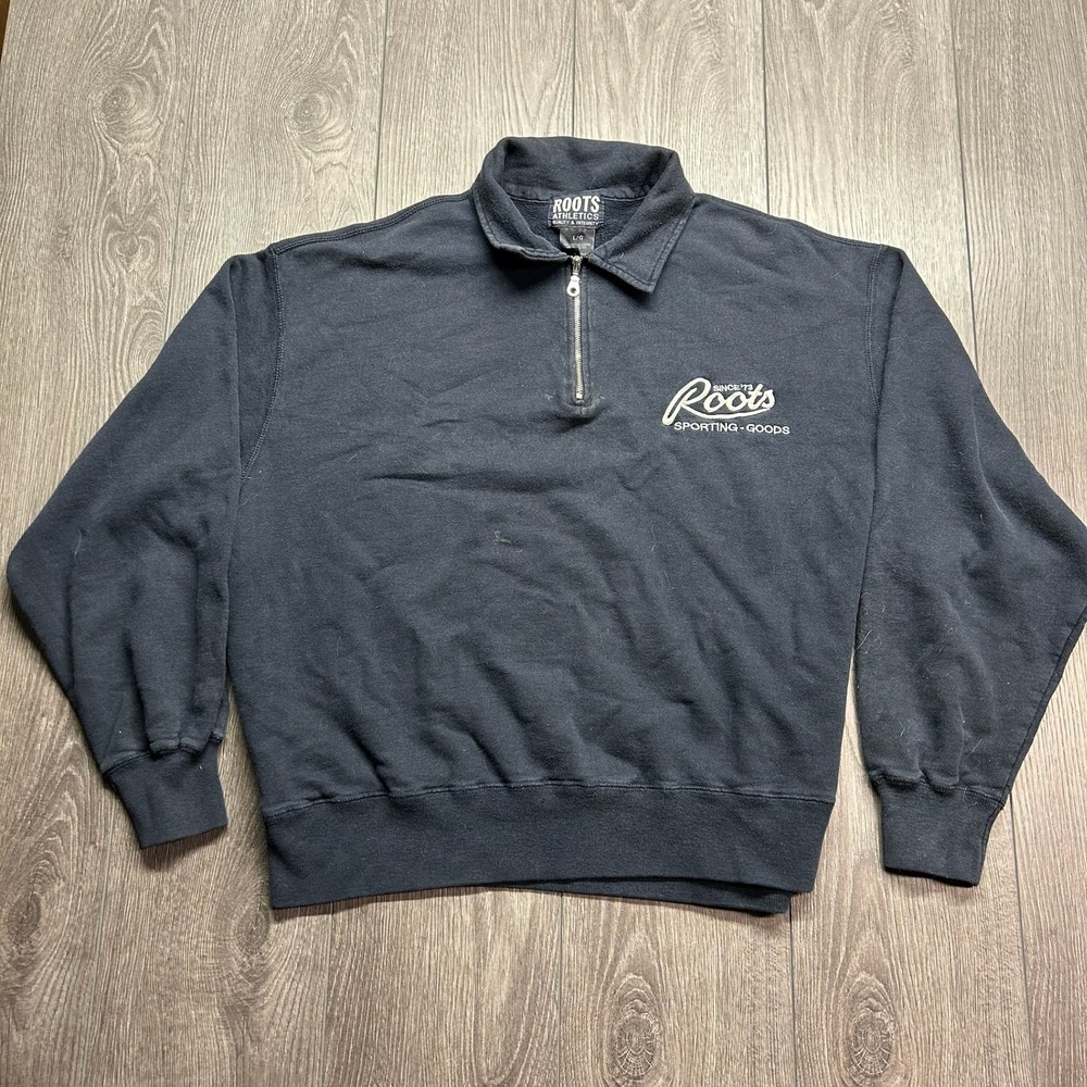 Vintage Roots Athletics Quarter Zip Sweatshirt Mens Large Navy Blue Canada Made